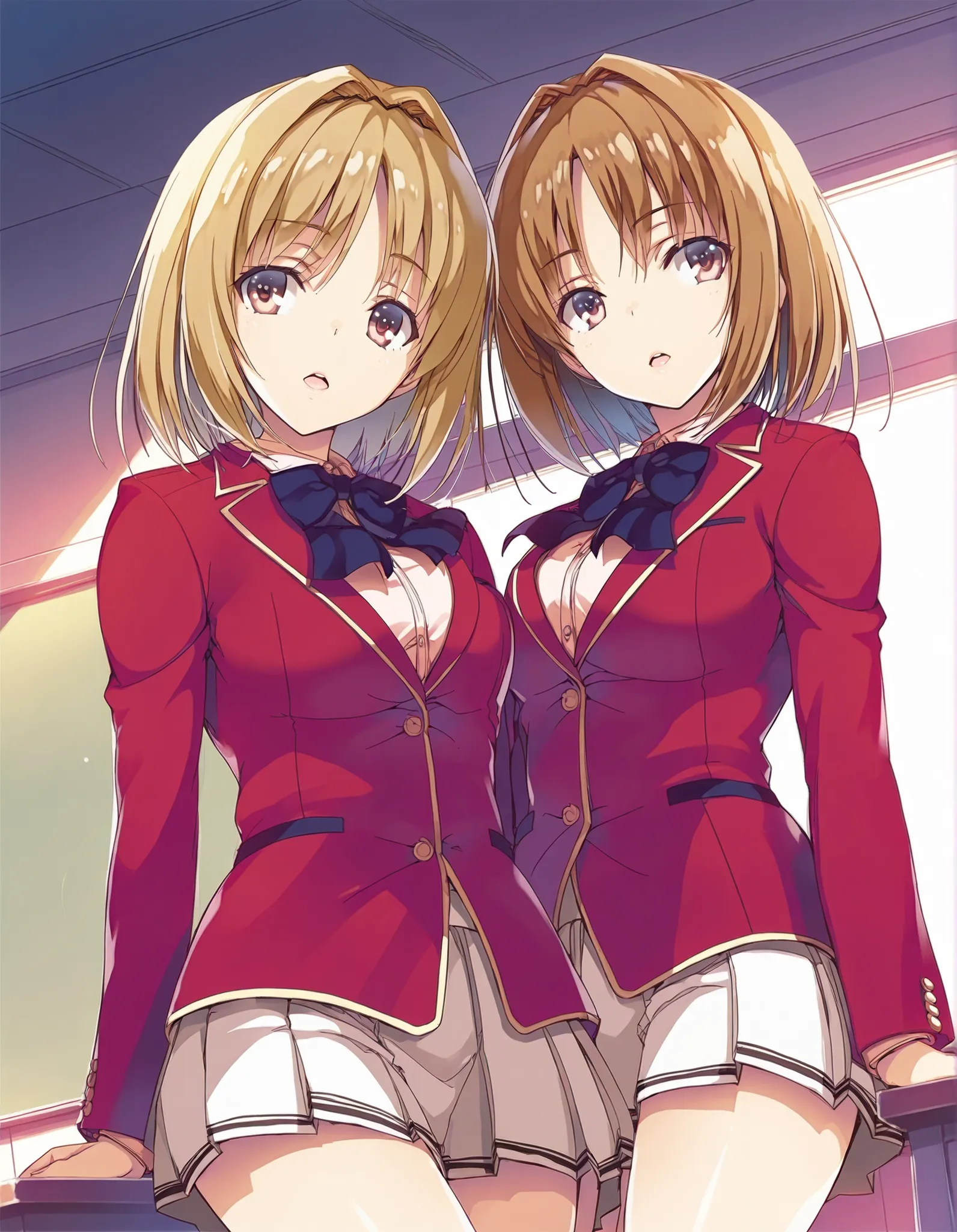  
 masterpiece, best quality, very detailed, , masterpiece, best quality,2 girls ,pair girls, standing  ,side by side ,cowboy shot,  Official Illustration ,Horikita Suzune ,Kushida Kikyou ,red blazer , pleated skirt ,white skirt , shirt ,blue bowtie ,thigh...