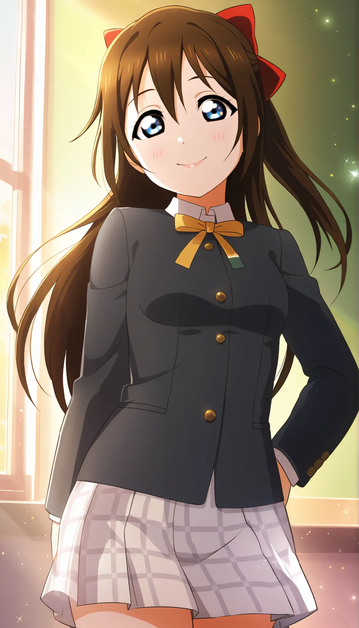  
(llas:1.2), (masterpiece, very aesthetic, absurdres:1.2), best quality, perfect anatomy, perfect lighting, anime coloring ,sparkle, light particles, light rays, rim lighting, 1girl, solo, looking at viewer, cowboy shot ,osaka shizuku, hair bow,  small br...