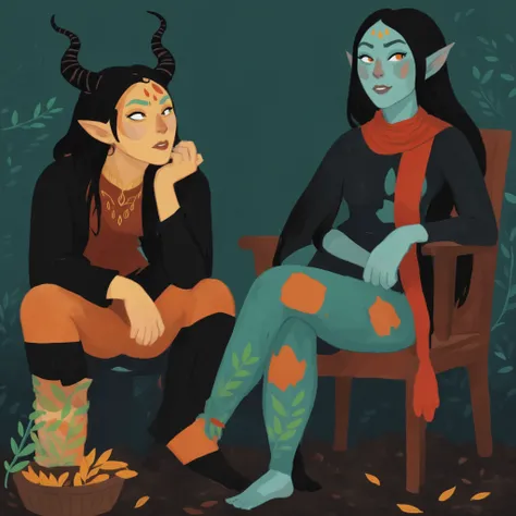 1boy tiefling looking at 1girl elf, 2d art, flat colors, full body portrait, black clothes, dynamic poses, simple black eyes, gouache texture, full body portrait, gouache painting, vibrant colors, chiseled features, thick gouache render, novuschroma57 styl...