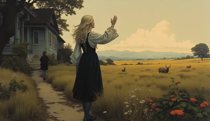  unique , Prairie,　the wind is blowing, standing in the teacher's house, waving in front of the entrance to the school, Blonde Long, ((Baltolome Style)),  darkness，SF, ((top quality, masterpiece)), (More Rights  , 高details),  8,000，canvas oil painting
 It ...