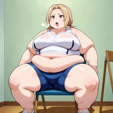 score_9,score_8_up, score_7_up, source_anime, rating_questionable, 1girl, solo, yuzu, short hair, brown hair, brown eyes,, twintails, sl0uch1ng, tsunade, sitting ,chair, empty_eyes, blank_stare, empty_stare, drool, hypnosis,  fat, chubby, obese, gigantic a...
