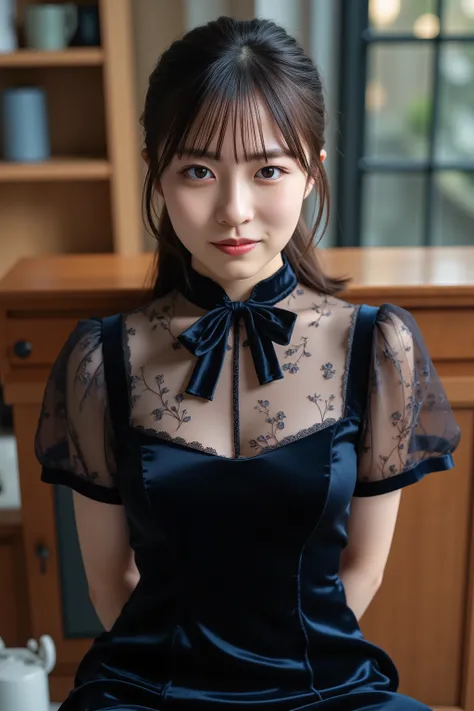 photorealistic, 8k, soft diffuse lighting, likeい女の子, Japanese, light makeup.  like々fresh impression through the sheer fabric、Her hair is parted at the sides. I'm wearing an elegant, vintage-inspired outfit, flowing features, Shiny dark velvet long dress. T...