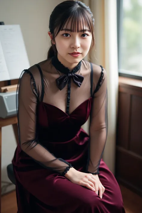 photorealistic, 8k, soft diffuse lighting, likeい女の子, Japanese, light makeup.  like々fresh impression through the sheer fabric、Her hair is parted at the sides. I'm wearing an elegant, vintage-inspired outfit, flowing features, Shiny dark velvet long dress. T...