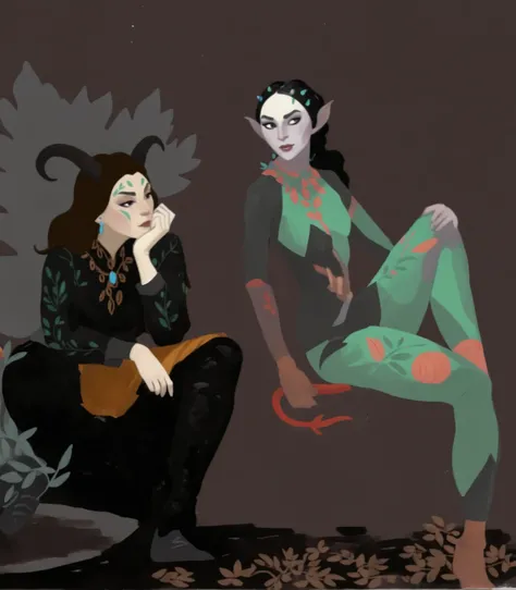 1boy tiefling looking at 1girl elf, 2d art, flat colors, full body portrait, black clothes, dynamic poses, simple black eyes, gouache texture, full body portrait, gouache painting, vibrant colors, chiseled features, thick gouache render, novuschroma57 styl...
