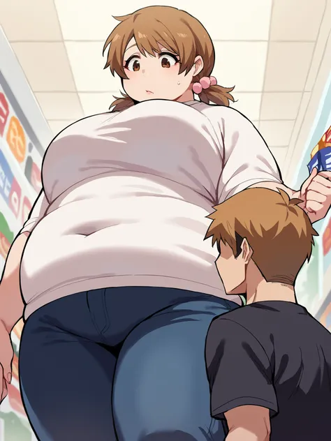 Score_9, score_8_up, score_7_up, score_6_up,  source_anime, shopping mall background, low angle, from below, 1girl, 1boy, duo, larger_female, smaller_male, size_difference, standing, looking down, BREAK, , yuzu, short hair, brown hair, brown eyes,, twintai...