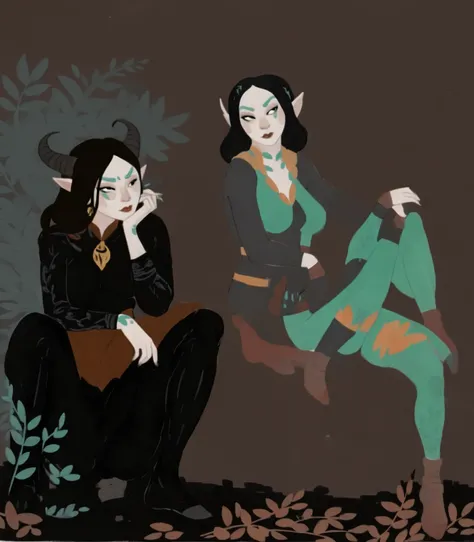 1boy tiefling looking at 1girl elf, 2d art, flat colors, full body portrait, black clothes, dynamic poses, simple black eyes, gouache texture, full body portrait, gouache painting, vibrant colors, chiseled features, thick gouache render, novuschroma57 styl...