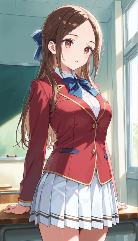 Masterpiece, hd, best quality, 1girl, kiyotaka_ayanokouji,  long hair, hair bow, brown hair, medium breasts , forehead, parted bangs, school uniform, red blazer, blue bowtie , white lace shirt, white pleated skirt,thigh, standing, indoor, classroom ,glossy...