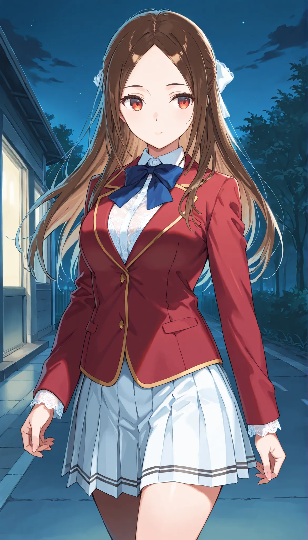 Masterpiece, hd, best quality, 1girl, kiyotaka_ayanokouji,  long hair, hair bow, brown hair, medium breasts , forehead, parted bangs, school uniform, red blazer, blue bowtie , white lace shirt, white pleated skirt,thigh, standing, outdoor ,glossy lips, clo...