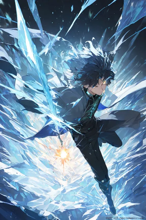 masterpiece, best quality,1 boy,best quality,heroic pose,dynamic angle,dynamic background,with epic light effect, high angle shot,like CCTV footage,ice burst of effects radiating from the center, outward flow of magic or particles, dynamic spread from core...