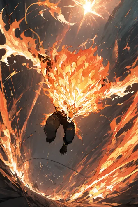 masterpiece, best quality,1 fire lion,best quality,heroic pose,dynamic angle,dynamic background,with epic light effect, high angle shot,like CCTV footage,fire burst of effects radiating from the center, outward flow of magic or particles, dynamic spread fr...