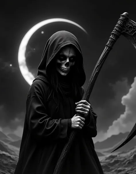 (((black and white photo, in the highest detail,)) death in the form of a young girl,but half of her face is a bare skull, wearing a hoodie ,with a scythe in her bony dead hand,hyper realism, against the background of infinity,