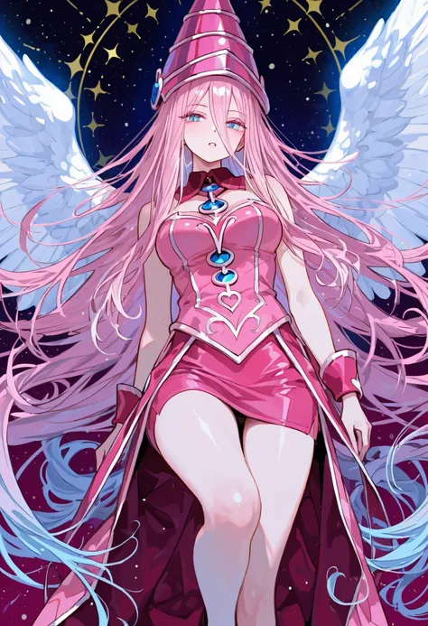 Nice human girl magician, intense lightblue eyes, very long long long wavy redpink hair , Fierce Big White horse with wings Pegaso  in background.
