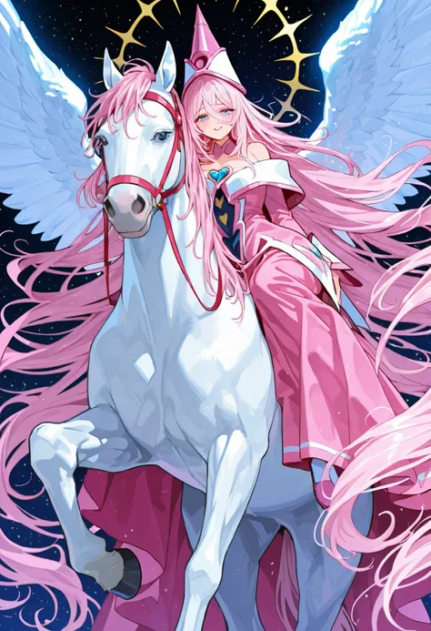 Nice human girl magician, intense lightblue eyes, very long long long wavy lightpink hair , Fierce Big White horse with wings Pegaso  in background.
