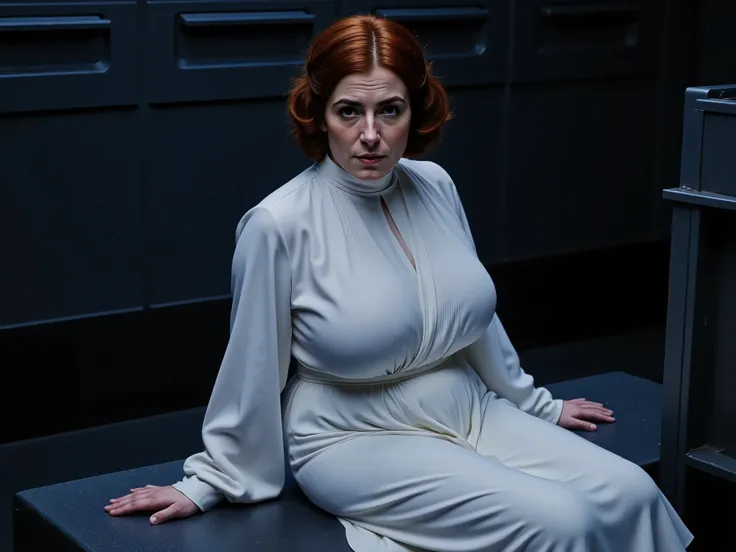 photorealistic picture of margaret reimagining the classic star wars scene. a dark futuristic prison cell in Death Star from Star Wars New Hope. Margaret is dressed in white flowy robes in the princess leia style, and her red hair has been made into style ...