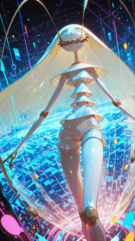 Pheromosa from Pokemon, White Body, Thin Waist, Very Thin Waist, WaspWaist, Solo, Aerial View,vibrant colors, cel shading, Simplistic Art Style, looking at viewer, solo,((action:1.2)),((battle))