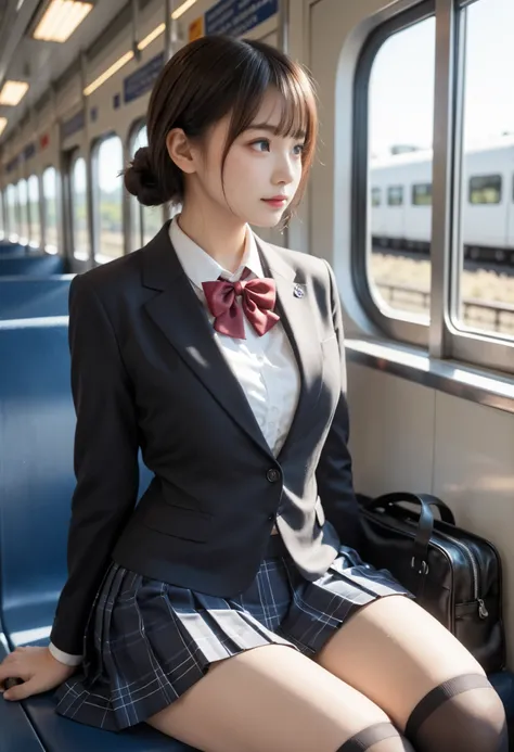 score_9, score_8_up, score_7_up, score_6_up, score_5_up, score_4_up, high resolution, 4K, solo, beautiful Japanese high school girl, detailed eyes, detailed cute face, look for another side, sweat, black blazer, white blouse, a red ribbon, pleated skirt, b...