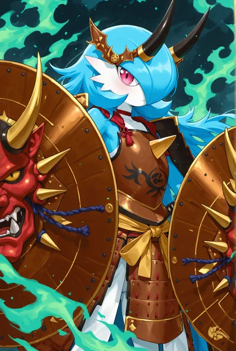 master masterpiece, 4k, score_9 , score_8_up , score_8 , score_7_up score_6_up score_5_up score_4_up, 1girl, solo, Gardevoir, long hair, blue hair, oni horn, pink eyes, Blue-White Skin, pink chest spike, hair covering right side of face, blue flames, armor...