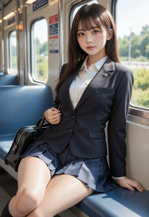 score_9, score_8_up, score_7_up, score_6_up, score_5_up, score_4_up, high resolution, 4K, solo, beautiful Japanese high school girl, detailed eyes, detailed cute face, look for another side, sweat, black blazer, white blouse, a red ribbon, pleated skirt, b...