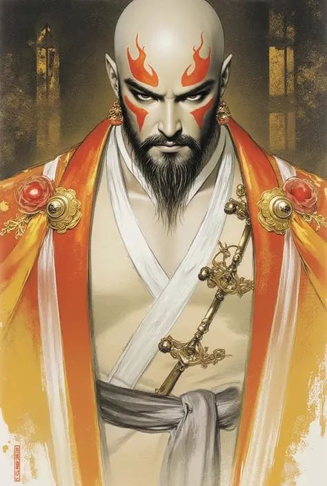 A bald middle-aged man, bold eyebrows, large and round eyes, he has a full beard, flame-shaped war paint on his face, a fantasy-style Chinese robe with intricate silk ribbons and decorations, a light-colored bodysuit, matching trousers, the scene is set in...