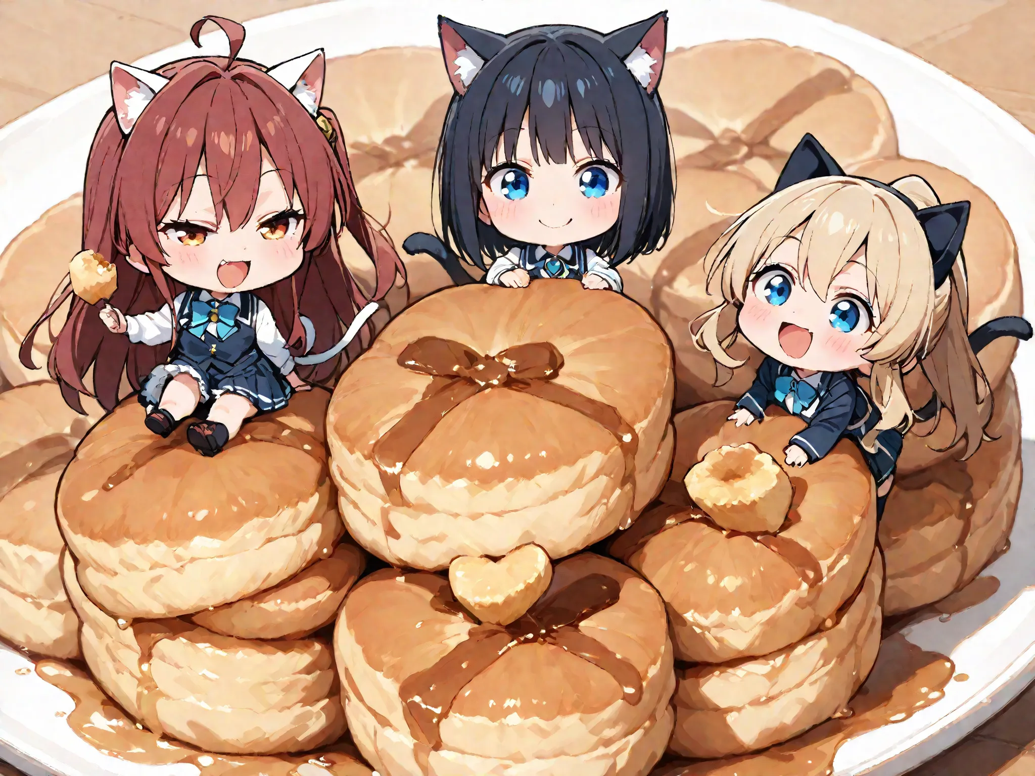 ,masterpiece,best quality, Source Anime , photorealistic, super real, 8k,super detailed, extremely detailed,BRAKE  (3girls:1.2) ,cat tail,cat ears,smile ,eat food,chibi ,cute ,