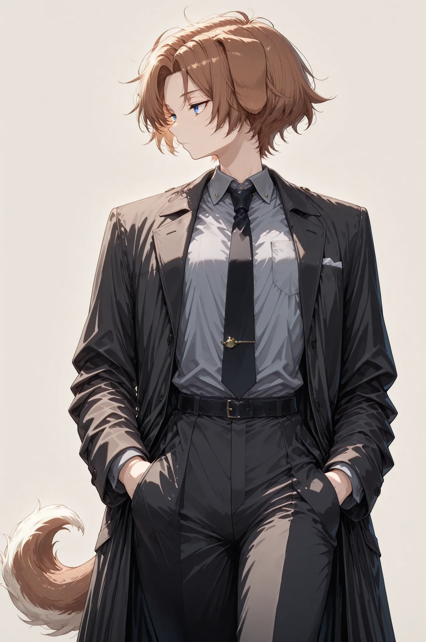 (masterpiece, detailed:1.2), 1girl, androgynous, animal ears, animal tail, bishounen, black coat, black necktie, black pants, blue eyes, chestnut hair, coat, collared shirt, curtained hair, dog ears, dog girl, dog tail, floppy ears, formal clothes, grey sh...