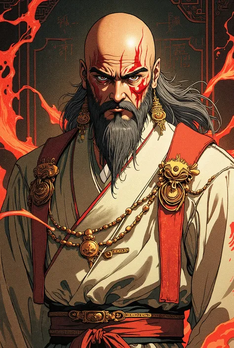 A bald middle-aged man, bold eyebrows, large and round eyes, he has a full beard, flame-shaped war paint on his face, a fantasy-style Chinese robe with intricate silk ribbons and decorations, a light-colored bodysuit, matching trousers, the scene is set in...