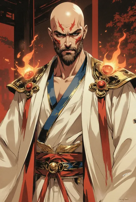 A bald middle-aged man, bold eyebrows, large and round eyes, he has a full beard, flame-shaped war paint on his face, a fantasy-style Chinese robe with intricate silk ribbons and decorations, a light-colored bodysuit, matching trousers, the scene is set in...