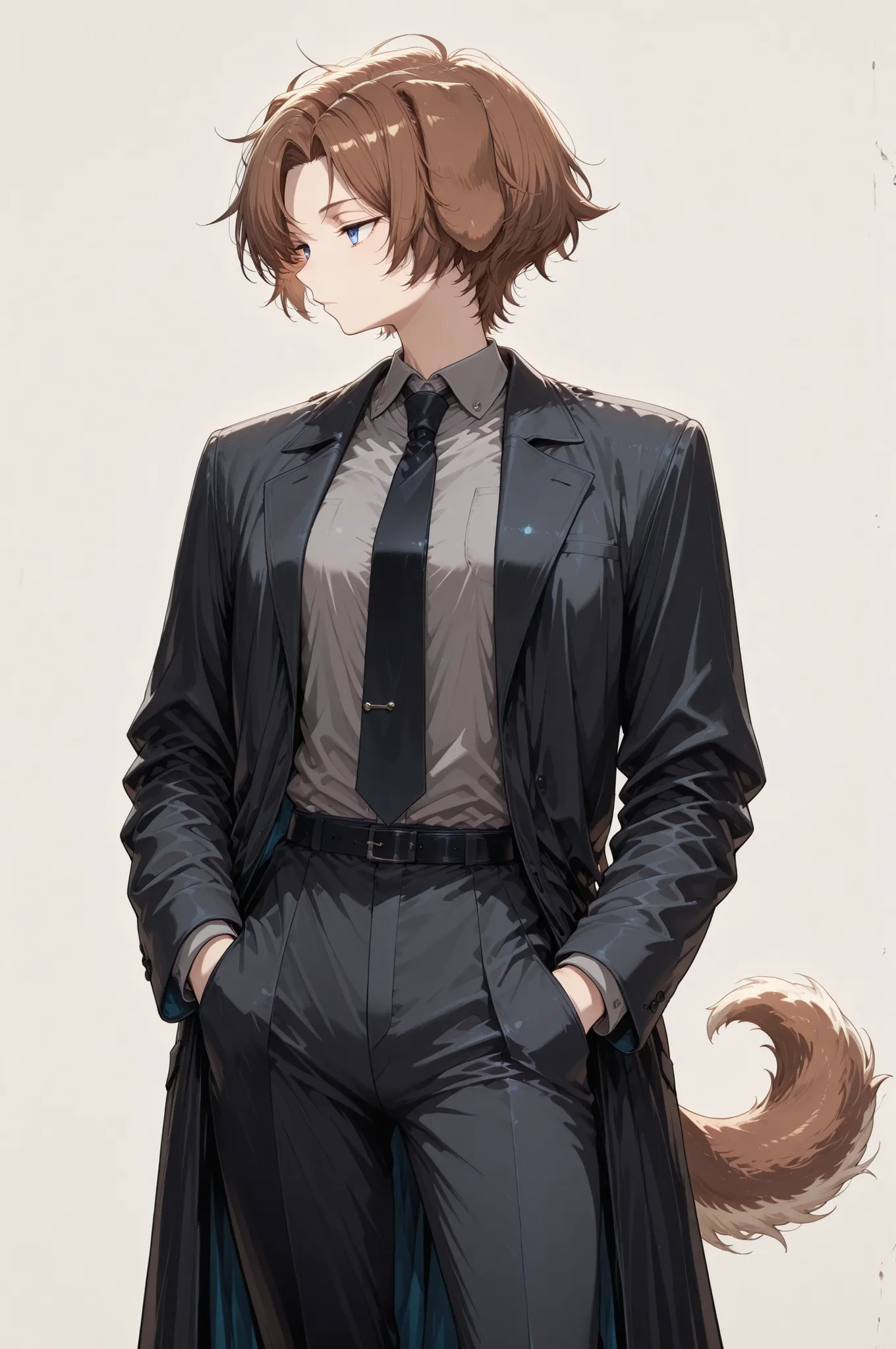 (masterpiece, detailed:1.2), 1girl, animal ears, animal tail, bishounen, black coat, black necktie, black pants, blue eyes, coat, collared shirt, curtained hair, dog ears, dog girl, dog tail, floppy ears, formal clothes, grey shirt, hands in pockets, jitom...