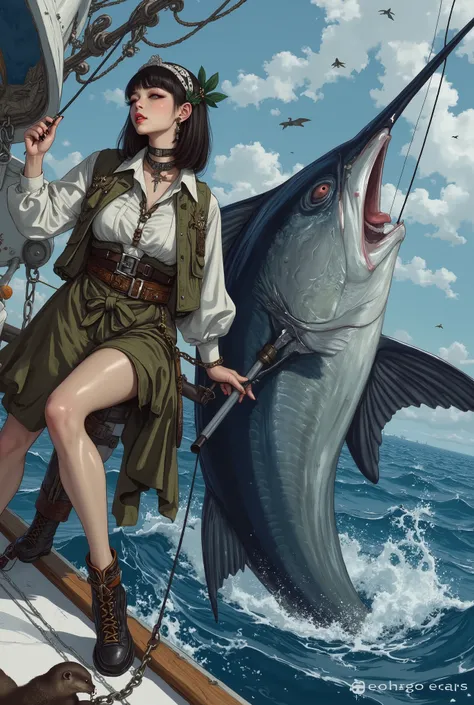trolling ship、Impressive close-up marlin、long nails、Oriental beauty wearing summer bohemian fashion with smiling bangs, black hair, very short bob hair、There is only one Asian small-clawed otter、Detailed, highest-quality hand drawing、Enjoying giant fishing...