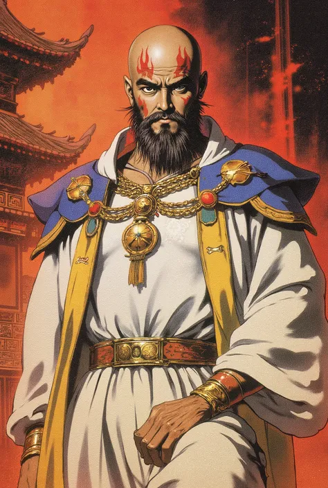A bald middle-aged man, bold eyebrows, large and round eyes, he has a full beard, flame-shaped war paint on his face, a fantasy-style Chinese robe with intricate silk ribbons and decorations, a light-colored bodysuit, matching trousers, the scene is set in...