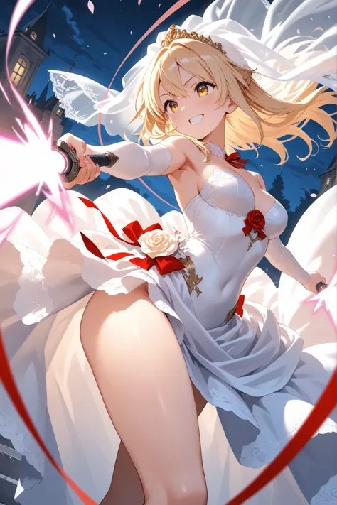 ultra-detailed,8K,illustration,CG,1 cute girl,blonde hair,gold eyes ,red ribbon,
,happy smile,thighs,Wedding Dress,energy sword,night,battle,dynamic angle,from side