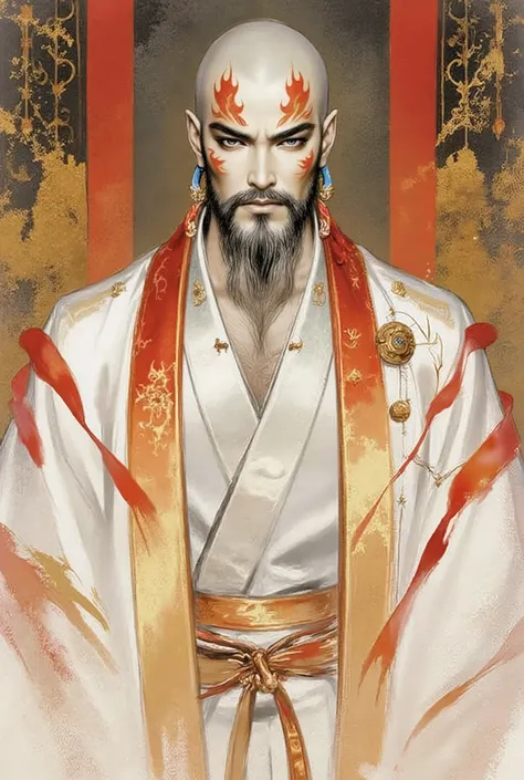 A bald middle-aged man, bold eyebrows, large and round eyes, he has a full beard, flame-shaped war paint on his face, a fantasy-style Chinese robe with intricate silk ribbons and decorations, a light-colored bodysuit, matching trousers, the scene is set in...