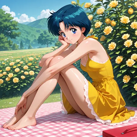 masterpiece, amazing quality, best quality, ultra-detailed, 8K, illustration, clear skin, ultra-detailed-eyes, soft skin, very awa, very as2, soft body, 1990s \(style\), official art, 1girl, ami mizuno, blue eyes, blue hair, short hair, parted bangs, small...