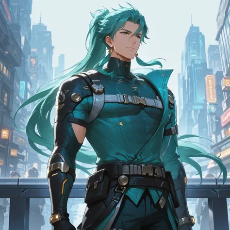 Make a long-haired man green. character similar to Jiyan. Futuristic city setting. Homem.  Closer image of the face .
