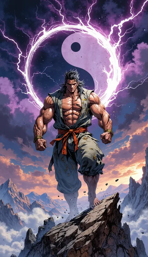 (masterpiece, 8k resolution, best quality, ultra-detailed, hyper-realistic:1.2), professional fantasy character art, dynamic low-angle shot, cinematic lighting. A colossal young martial artist of herculean build, exuding an aura of untamed, arrogant power....