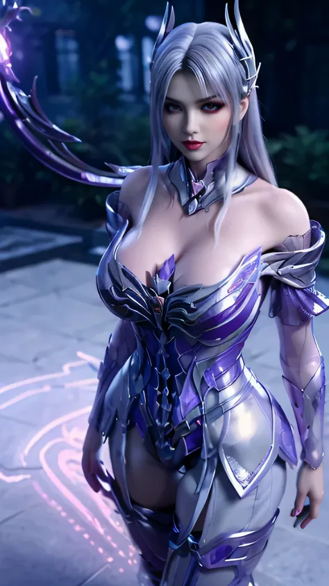 A BUSTY MILF, CLOSEUP UPPER BODY,SOLO, ((DRAGON MECHA HORN,DARK LONG HAIR)), ((GIGANTIC FAKE BREASTS,DEEP CLEAVAGE:1.4)), ((WEARING OUTFIT SILVER, PURPLE, CRIMSON DRAGON MECHA TRANSFORMERS SKIMPY ARMOR:1.5)), (MUSCULAR BODY SHAPE:1.5), (CLEAN GLOSSY BODYSK...