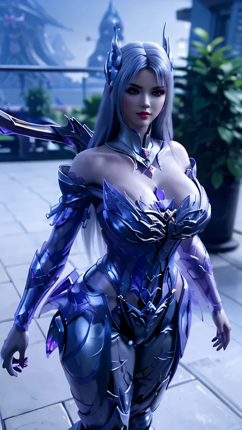 A BUSTY MILF, CLOSEUP UPPER BODY,SOLO, ((DRAGON MECHA HORN,DARK LONG HAIR)), ((GIGANTIC FAKE BREASTS,DEEP CLEAVAGE:1.4)), ((WEARING OUTFIT SILVER, PURPLE, CRIMSON DRAGON MECHA TRANSFORMERS SKIMPY ARMOR:1.5)), (MUSCULAR BODY SHAPE:1.5), (CLEAN GLOSSY BODYSK...