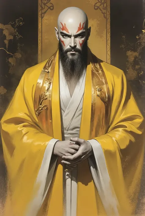 A cinematic, hyper-detailed fantasy portrait of a bald middle-aged man with bold eyebrows, large round eyes, a full beard, and intricate flame-shaped war paint on his face. He is dressed in a lavish fantasy-style Chinese robe adorned with elaborate silk ri...