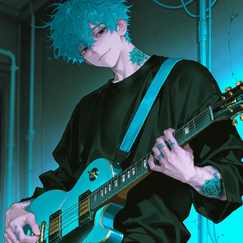 male,gloomy mood,pale, ash blue hair,black eye,high quality,top quality,masterpiece,black sweatshirt,handsome,messy hair,beckon, blue wire tattoos all over arms, tall, lean toned, playing a black beauty les paul guitar, small smile