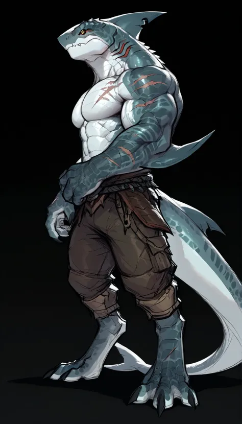 sharkman, anthro megalodon, darker hands and fins, solo, big arms, bara, detailed skin, lizard shark hybrid, anthro, closed mouth, polynesian tattoos, tattoos covering arm and shoulder, detailed scalie skin, scalie arms, fins on arms, gray color body, beef...