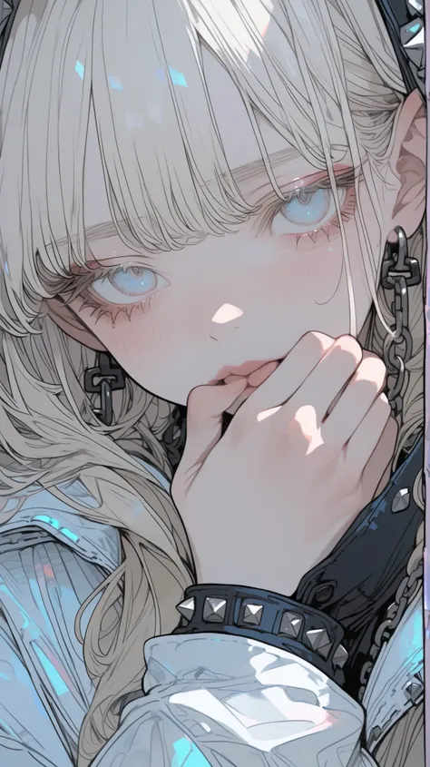 Beautiful, neutral and ephemeral girl、white flowers stand out as a complementary color、platinum blonde loose wave hair、clear blue eyes、face-up portrait、my line of sight is front、posing with hands around her mouth、cyberpunk-inspired red patched jacket with ...