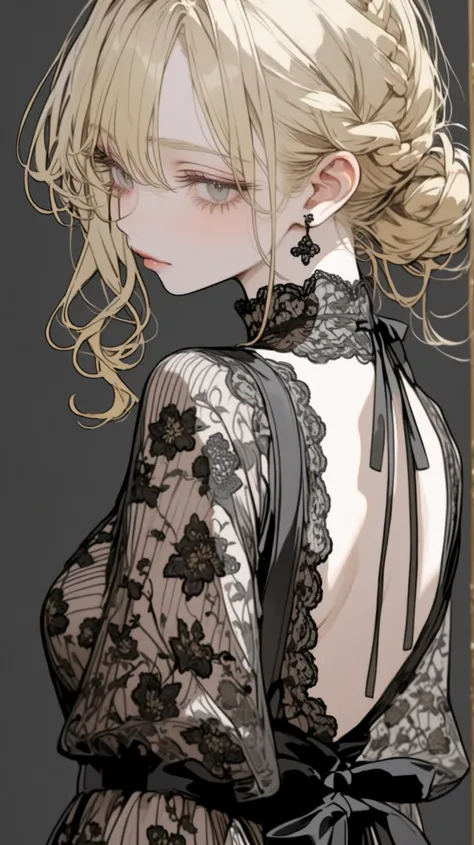 blonde braided bun, loose strands, elegant hair styleの前髪を持つ若い女性、black lace dress、simple background、