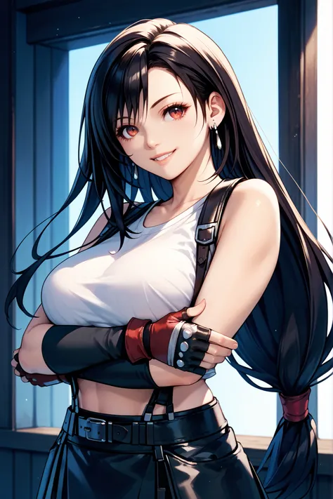 tifa_a, cowboy shot, crossed arms, smiling at viewer, red eyes, beautiful black hair, low-tied long hair, large breasts, earrings, white crop top, suspenders, black skirt, fingerless gloves, Nomura Style, best quality