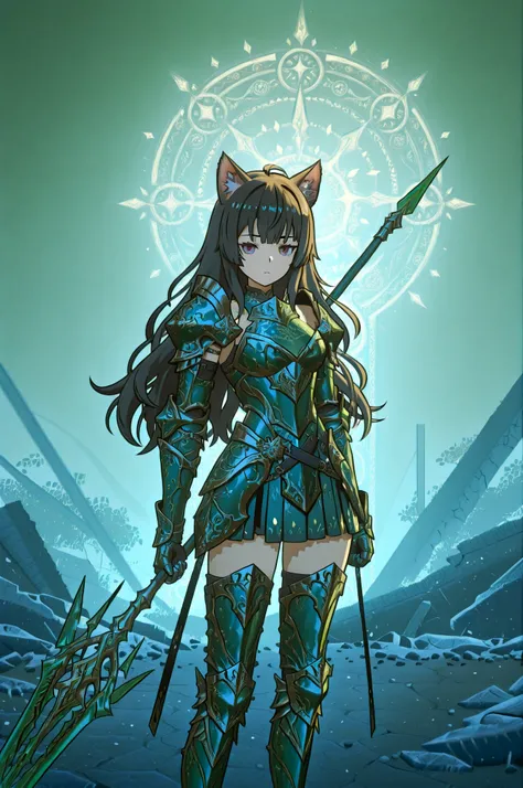 holy light armor, A female knight with cat ears. Her hair is cut to her shoulders and she is wearing green armor. The armor is trimmed with silverwork and has intricate patterns. The gauntlets and shin guards are also decorated with designs. She is resting...