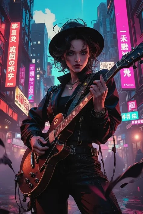 girl Jazz rock singer with shabby electric guitar and sarcastic songs + Cyberpunk