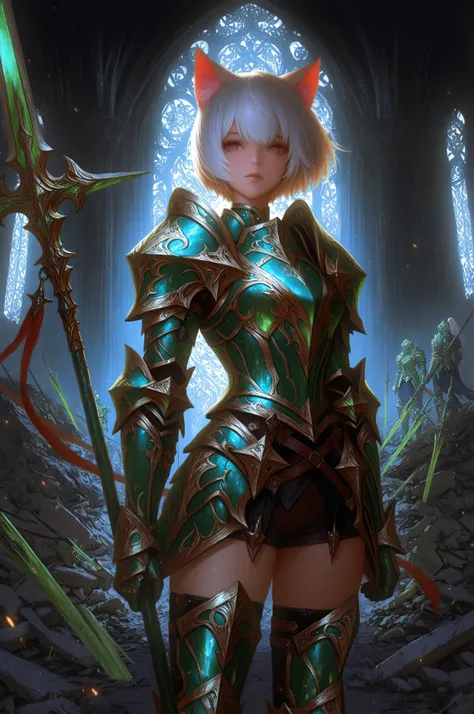 holy light armor, A female knight with cat ears. Her hair is cut to her shoulders and she is wearing green armor. The armor is trimmed with silverwork and has intricate patterns. The gauntlets and shin guards are also decorated with designs. She is resting...