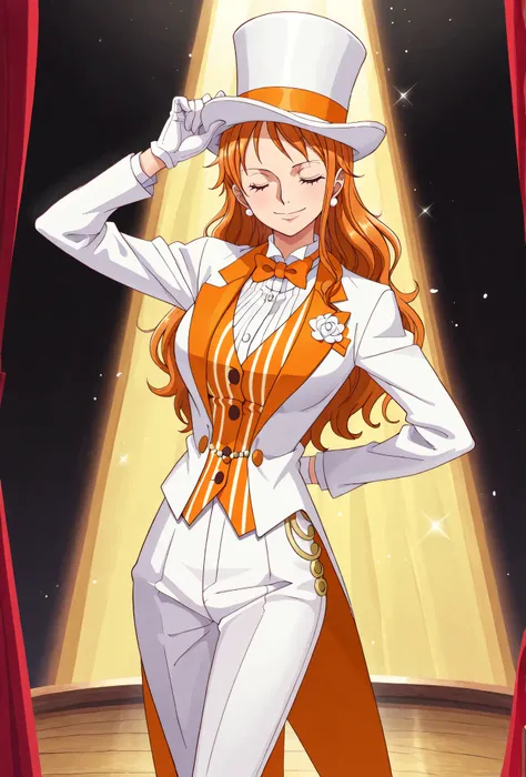  (masterpiece, vibrant colors), solo, 1girl, nami, one piece, long orange hair, earrings, brown eyes, sleek legs, breasts, (white silk top hat, orange band, snug fit), white tailcoat, orange pinstripe vest under tailcoat, orange bowtie, white dress pants, ...