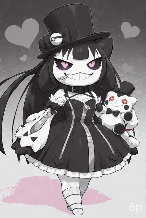 master masterpiece, 4k, score_9 , score_8_up , score_8 , score_7_up score_6_up score_5_up score_4_up, solo, furry, antrho plushie doll, black and white, pokemon (creature), collar, colored sclera, zipper mouth, smile, hat, black and white dress, heart, soc...