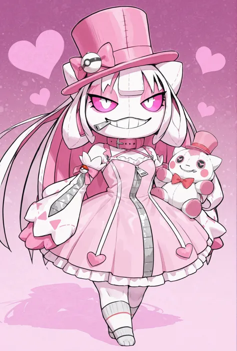 master masterpiece, 4k, score_9 , score_8_up , score_8 , score_7_up score_6_up score_5_up score_4_up, solo, furry, antrho plushie doll, pink and white, pokemon (creature), collar, colored sclera, zipper mouth, smile, pink hat, pink and white dress, heart, ...