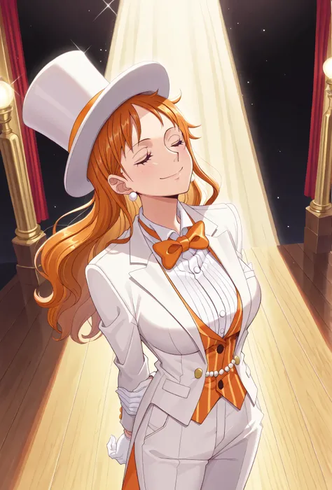  (masterpiece, vibrant colors), solo, 1girl, nami, one piece, long orange hair, earrings, brown eyes, sleek legs, breasts, (white silk top hat, orange band, snug fit), white tailcoat, orange pinstripe vest under tailcoat, orange bowtie, white dress pants, ...